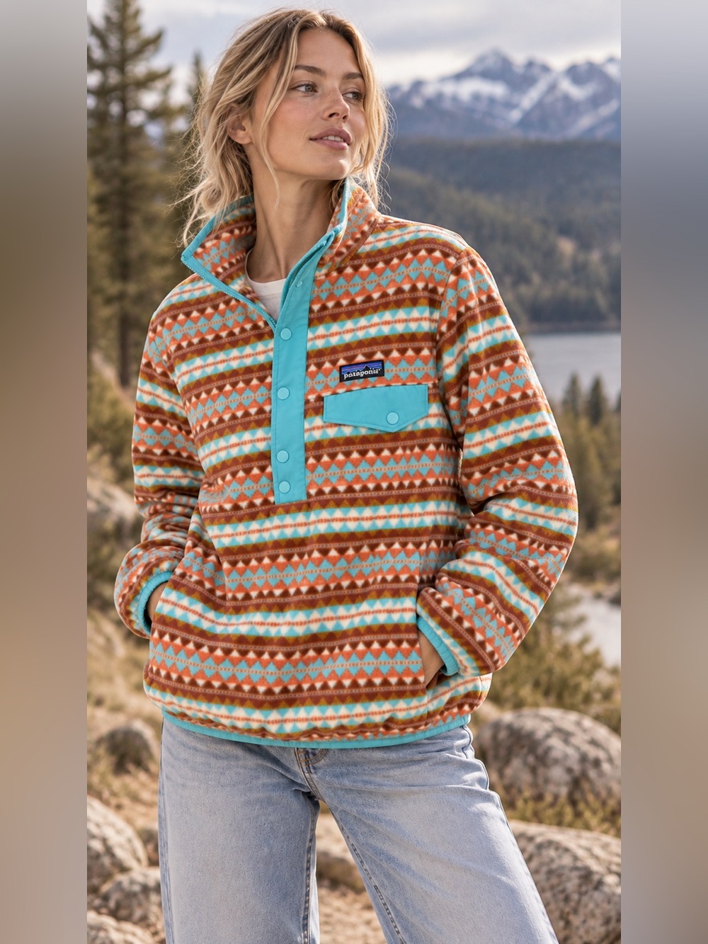 Patagonia Women’s Reversible Snap-T Glissade Pullover Teal Aztec Fleece Small